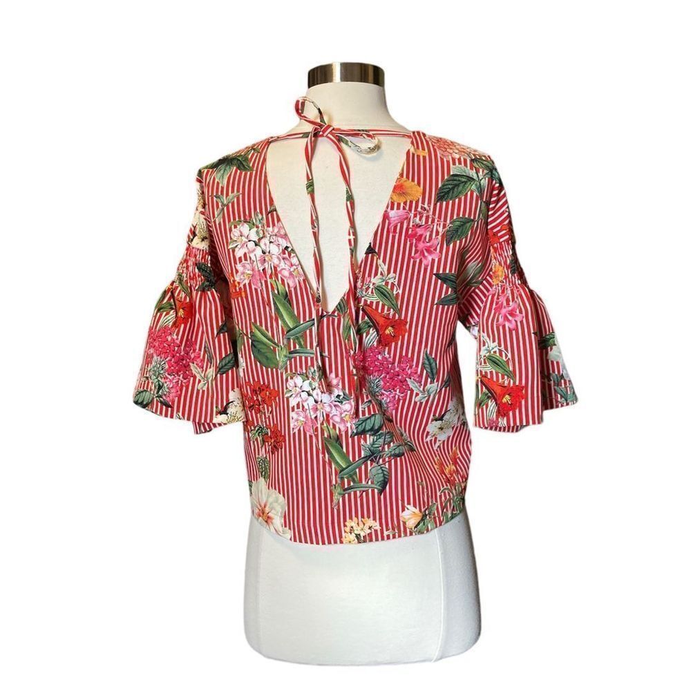 Zara - Floral Stipe V Back with Tie - Flare Sleeve Top sz XS - Picture 5 of 8